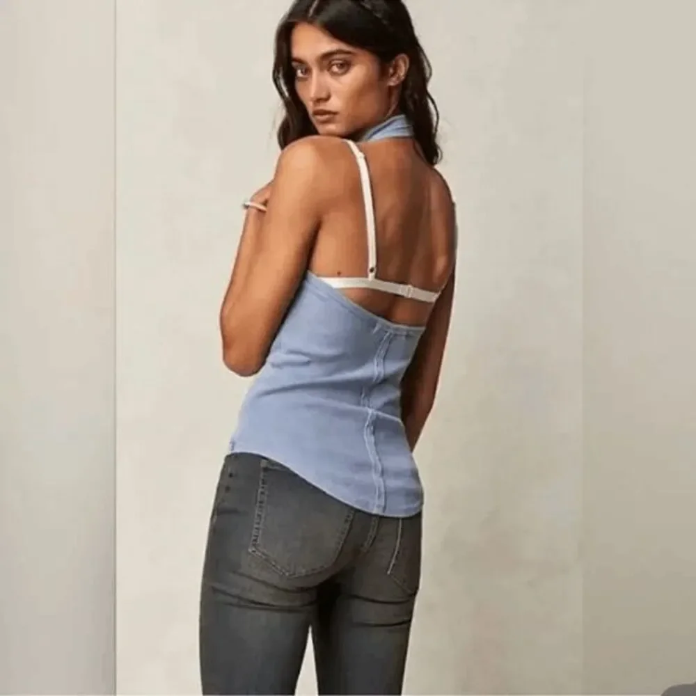 Free People Break The Web Halter Tank Top Blue Ribbed Medium NEW